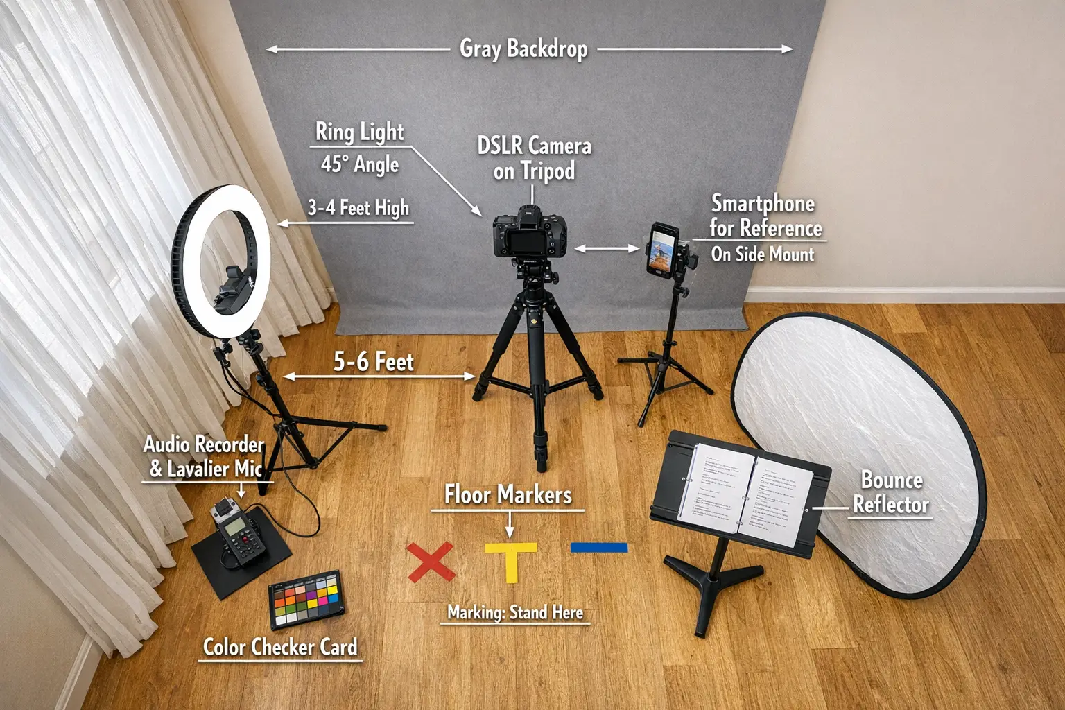 Landscape format (1536x1024) detailed overhead view of professional self-tape home studio setup in well-lit room. Shows complete technical a
