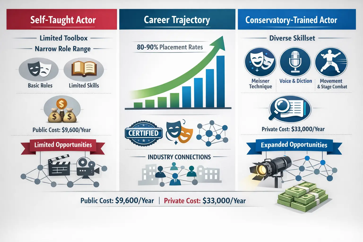 Landscape format (1536x1024) infographic-style image comparing two pathways: left panel shows self-taught actor with limited toolbox and nar