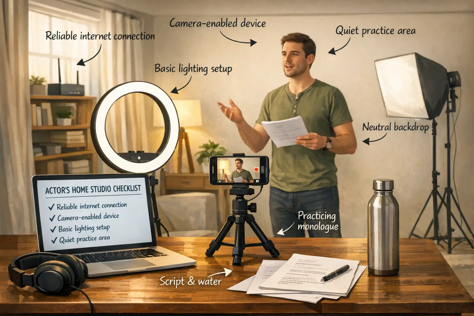Detailed landscape format (1536x1024) image depicting beginner actor's home studio setup checklist: foreground shows laptop on desk with rin