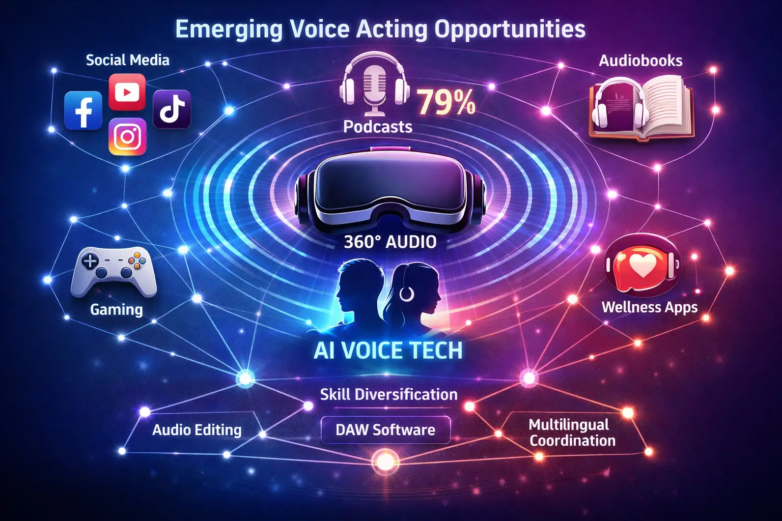 Landscape format (1536x1024) infographic-style image depicting emerging technology opportunities in voice acting: center shows VR/AR headset