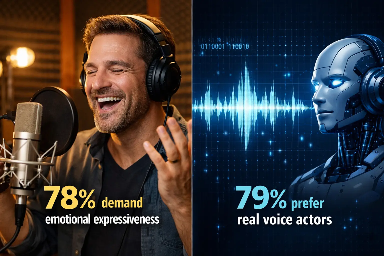 Landscape format (1536x1024) professional photograph of voice actor in modern recording booth wearing headphones, showing emotional expressi