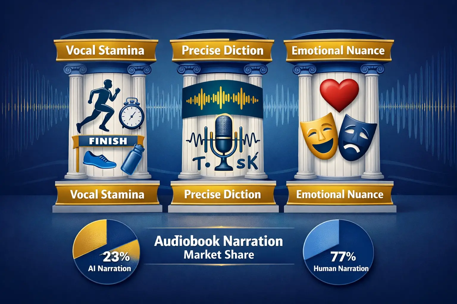 Landscape format (1536x1024) infographic-style image displaying three core competencies of top-tier audiobook narrators as interconnected pi