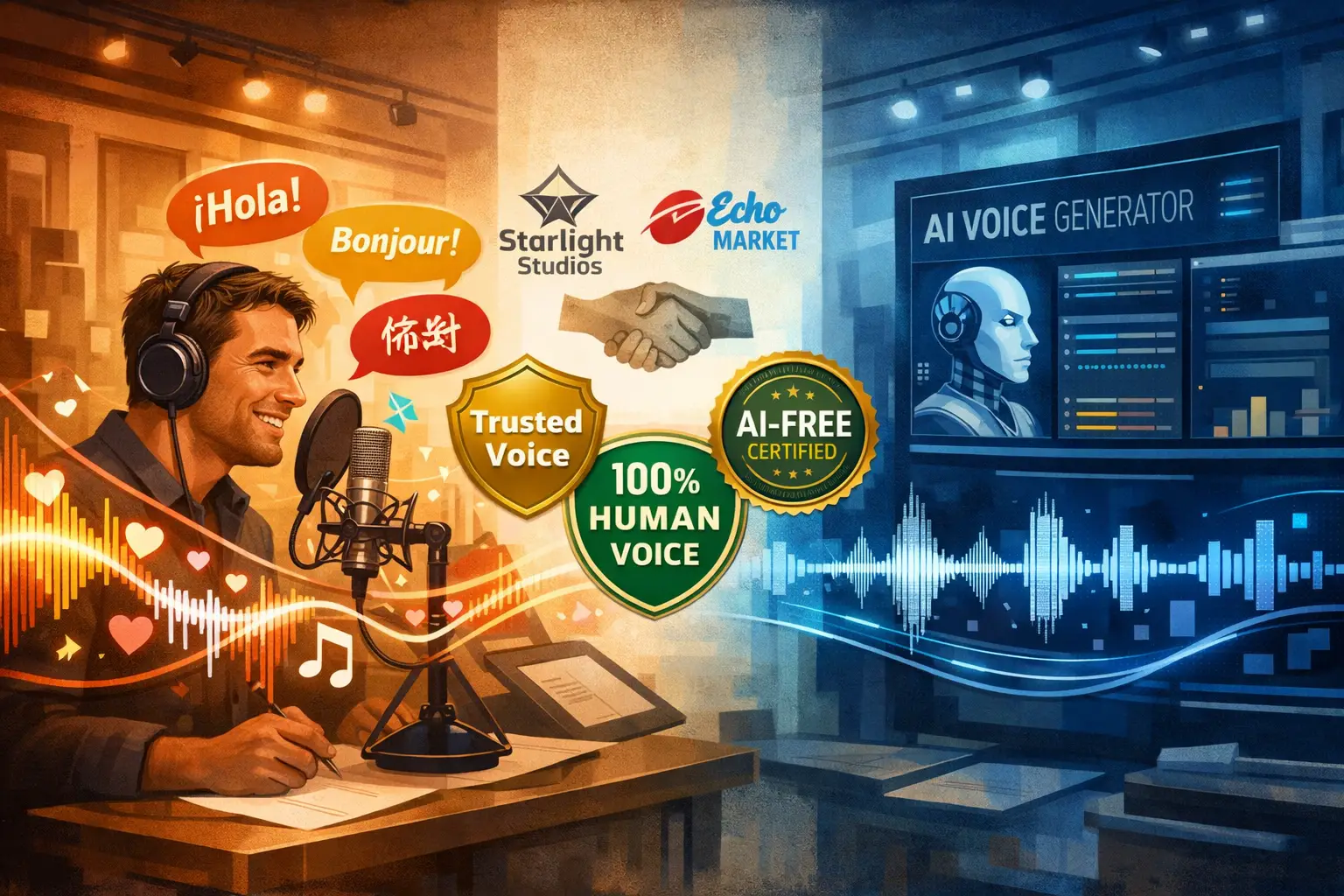 Detailed landscape format (1536x1024) conceptual illustration depicting human voice actor versus AI voice technology in professional setting