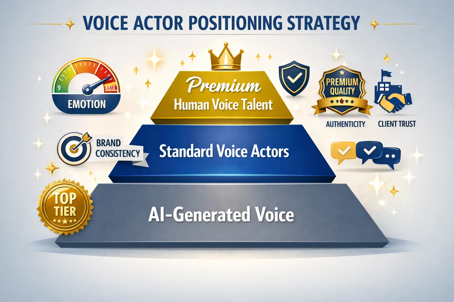 Landscape format (1536x1024) professional concept illustration depicting the premium voice actor positioning strategy, showing a pyramid or