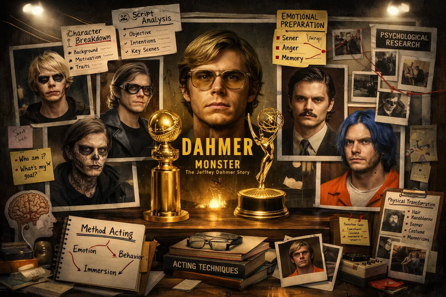 Detailed landscape format (1536x1024) image depicting Evan Peters' character transformation mastery with before-and-after style composition