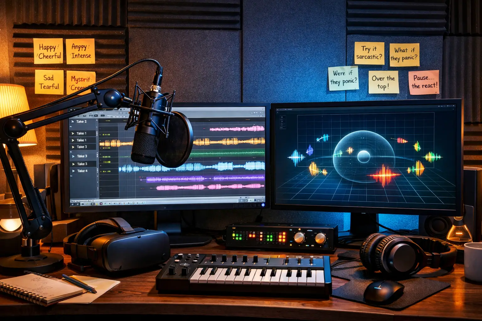 Landscape format (1536x1024) detailed workspace scene showing voice actor's home studio setup optimized for interactive content production.
