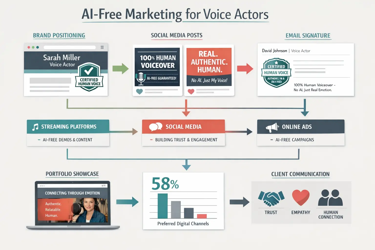 Landscape format (1536x1024) infographic-style image illustrating strategic implementation of AI-free marketing for voice actors. Visual inc