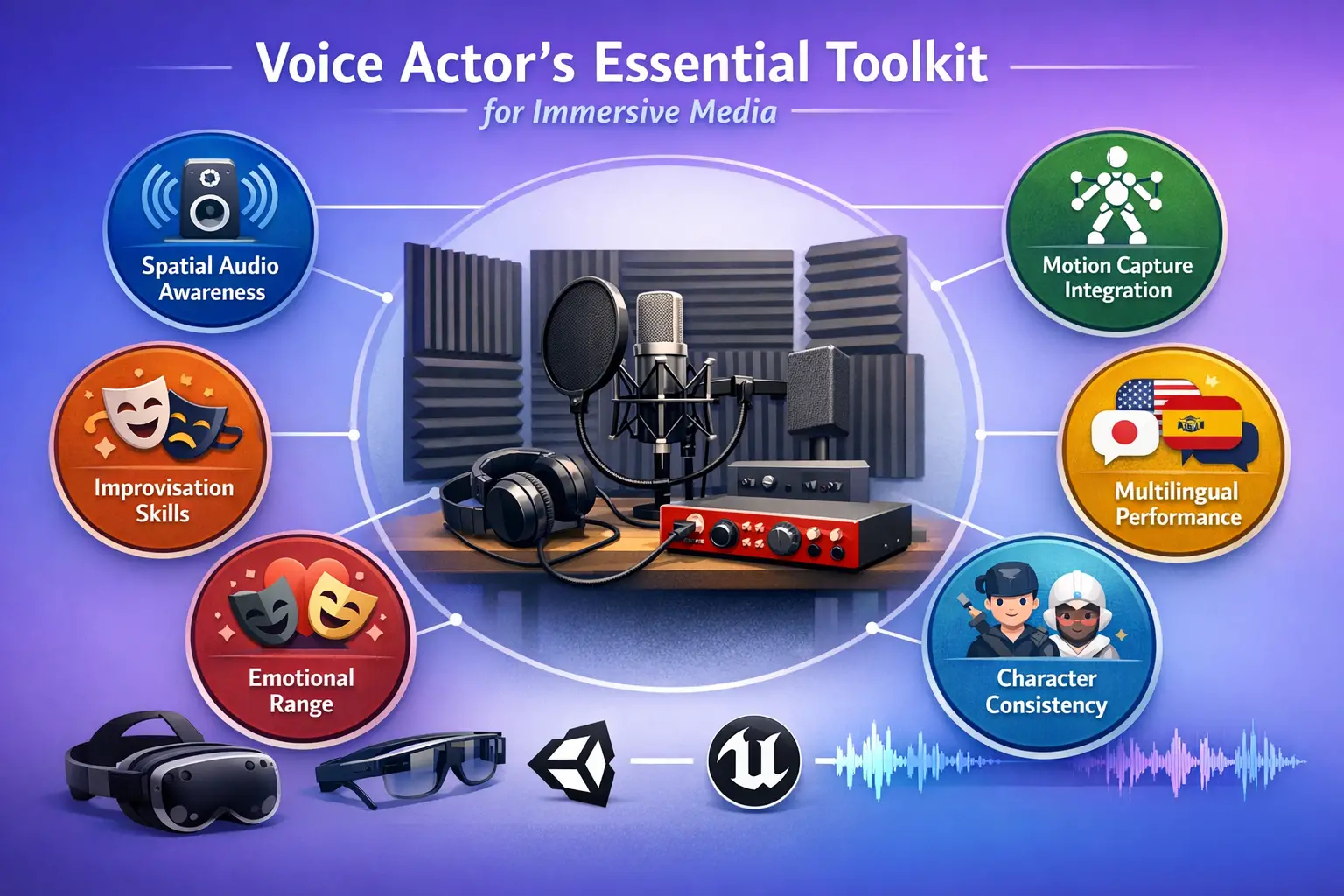 Landscape format (1536x1024) technical skills development infographic showing voice actor's essential toolkit for immersive media. Center: p