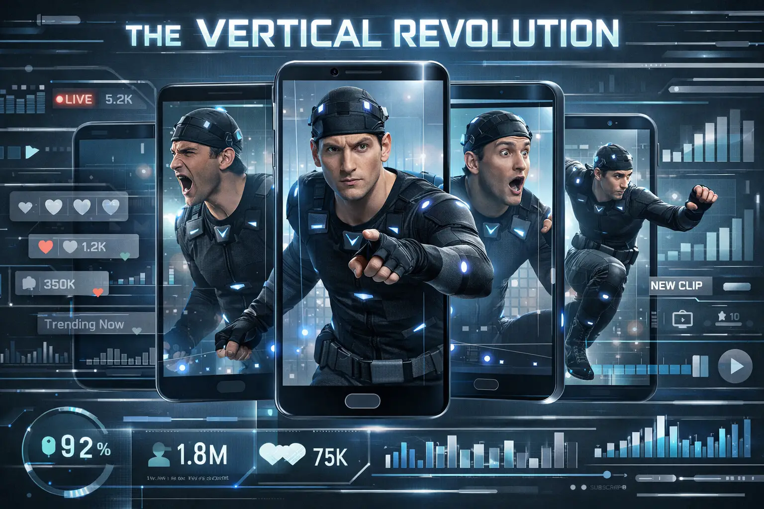 Mobile-first content performance visualization showing an actor performing simultaneously across vertical smartphone screens, fragmented com
