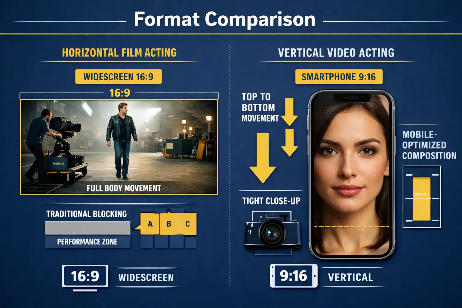 Landscape format (1536x1024) infographic-style image comparing traditional horizontal film acting versus vertical video acting techniques. S