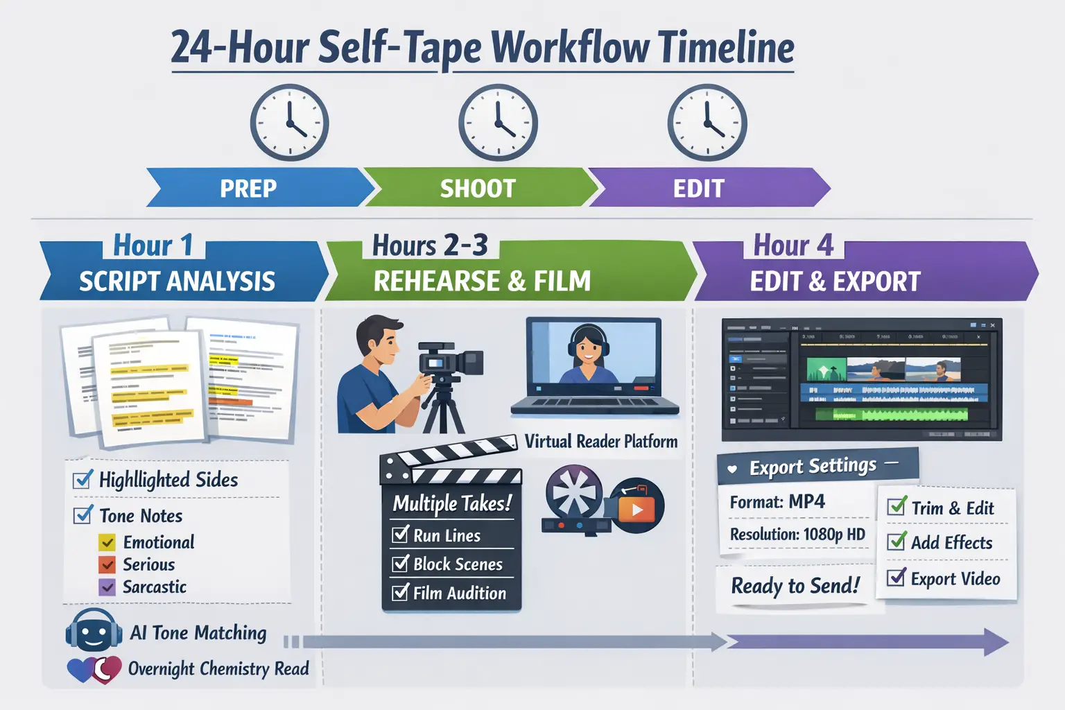 Detailed landscape format (1536x1024) infographic-style image displaying '24-Hour Self-Tape Workflow Timeline' with four distinct sections: