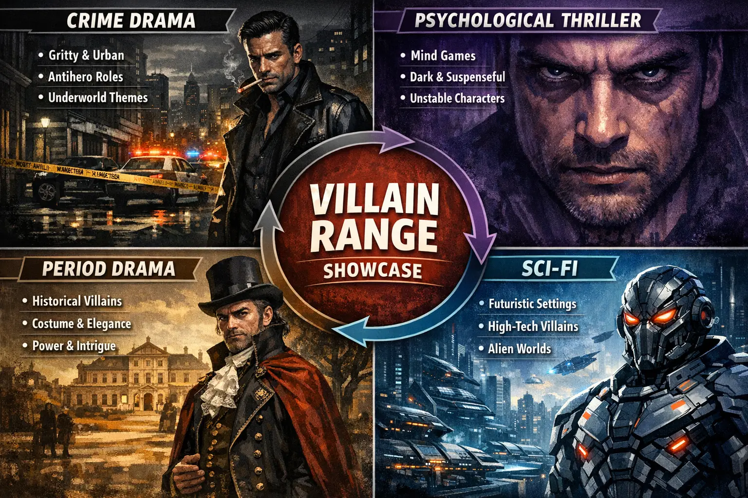 Detailed landscape format (1536x1024) infographic-style image illustrating film and television genre breakdown for villain showreels. Split