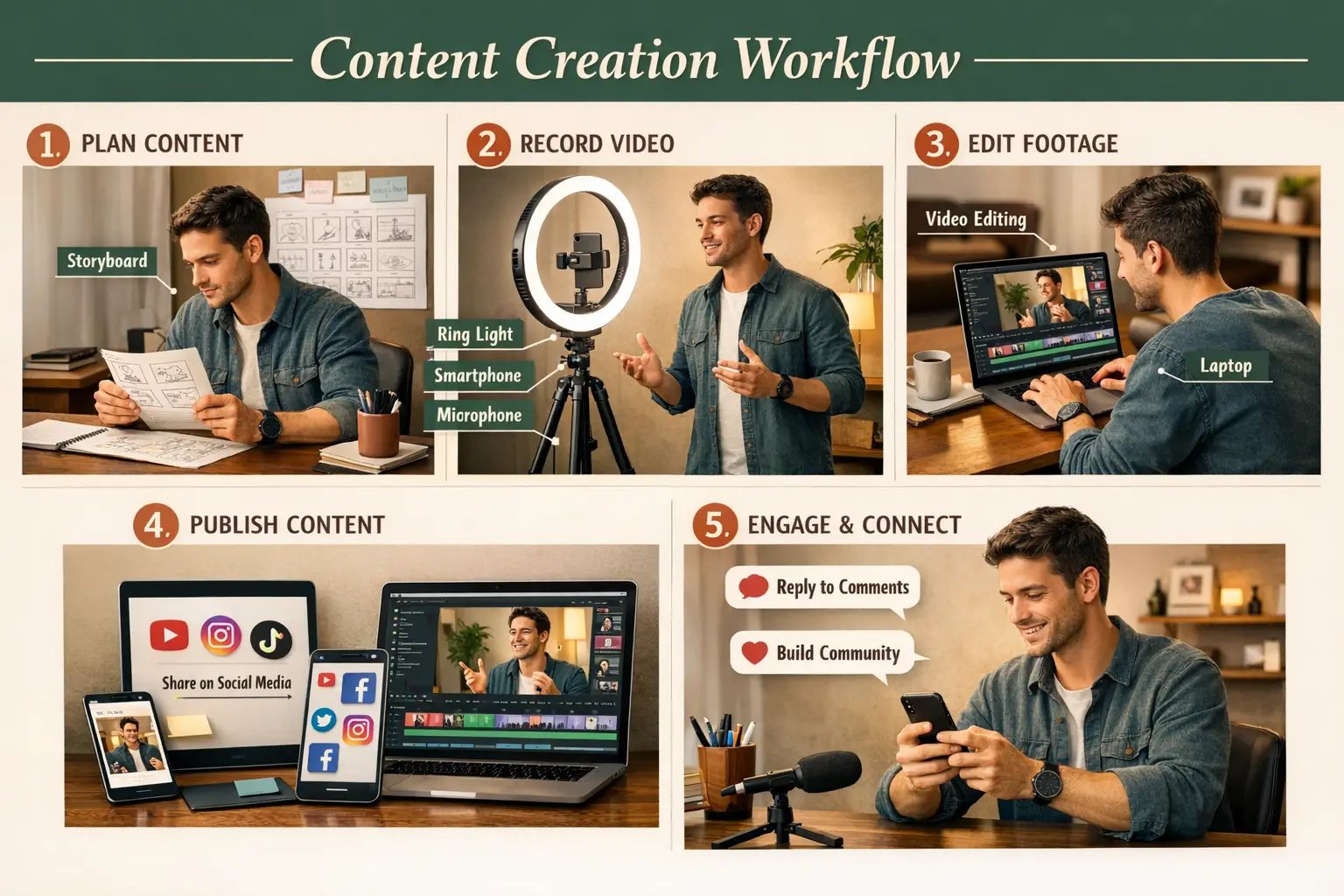 Landscape format (1536x1024) step-by-step visual guide showing actor creating digital content, presented as numbered workflow diagram. Scene