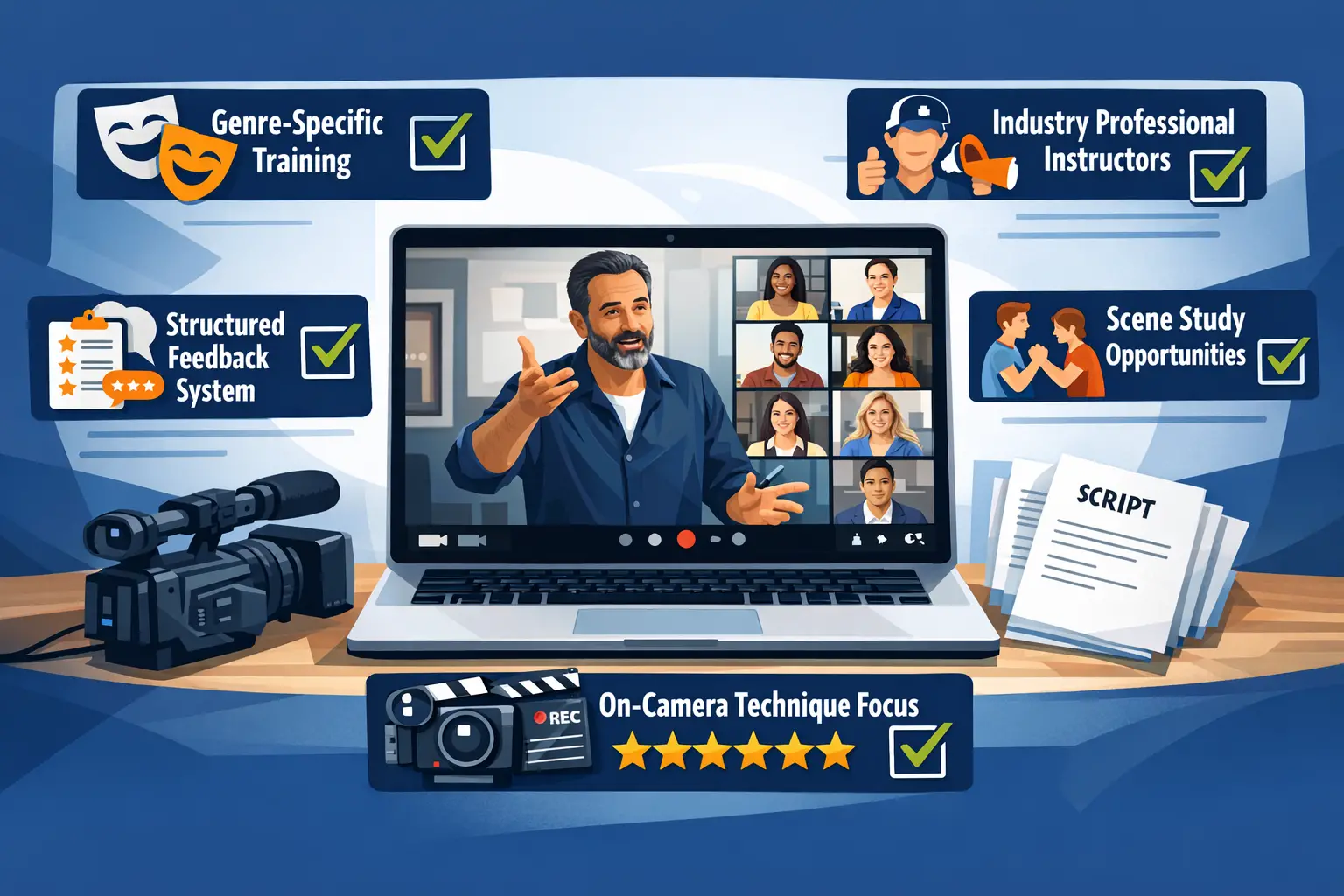 Landscape format (1536x1024) conceptual illustration showing online acting class evaluation checklist. Central image features laptop screen