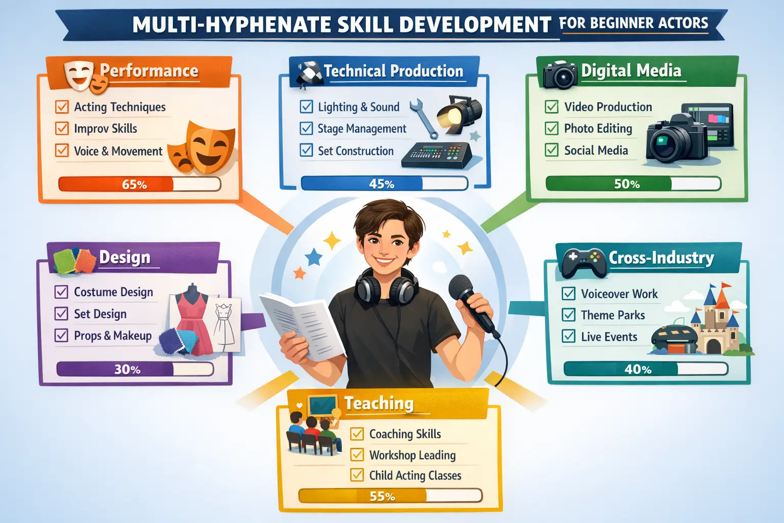 Landscape format (1536x1024) detailed infographic showing multi-hyphenate skill development framework for beginner actors. Central figure of