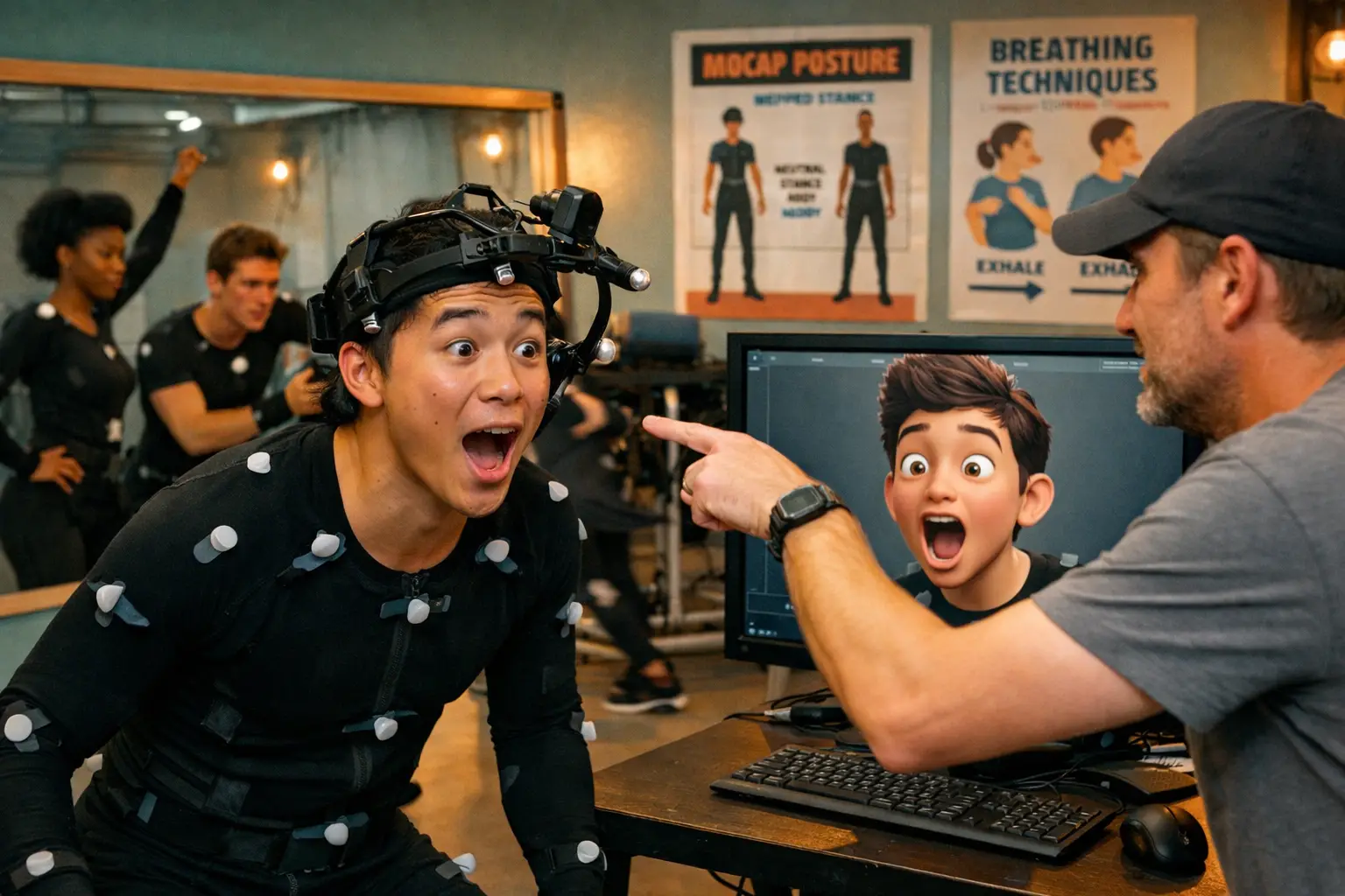 Landscape format (1536x1024) professional training scene showing diverse group of beginner performers in motion capture studio practicing em