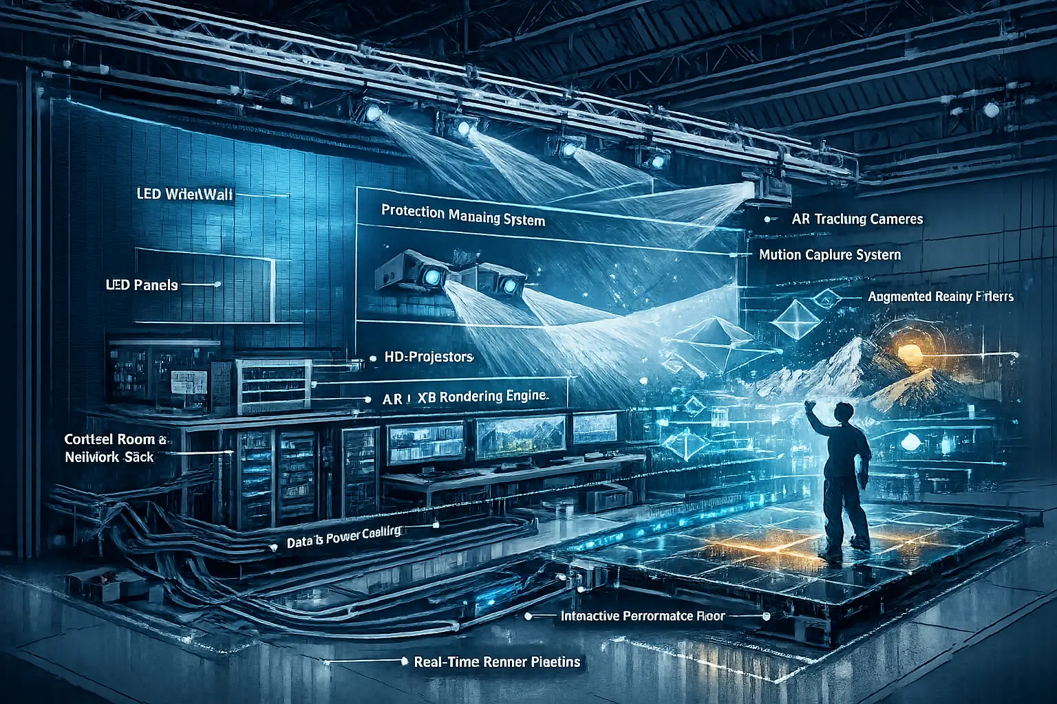 Understanding Technology Behind Modern Hybrid Stages visualization: Cutaway technical diagram showing intricate LED backdrop infrastructure,
