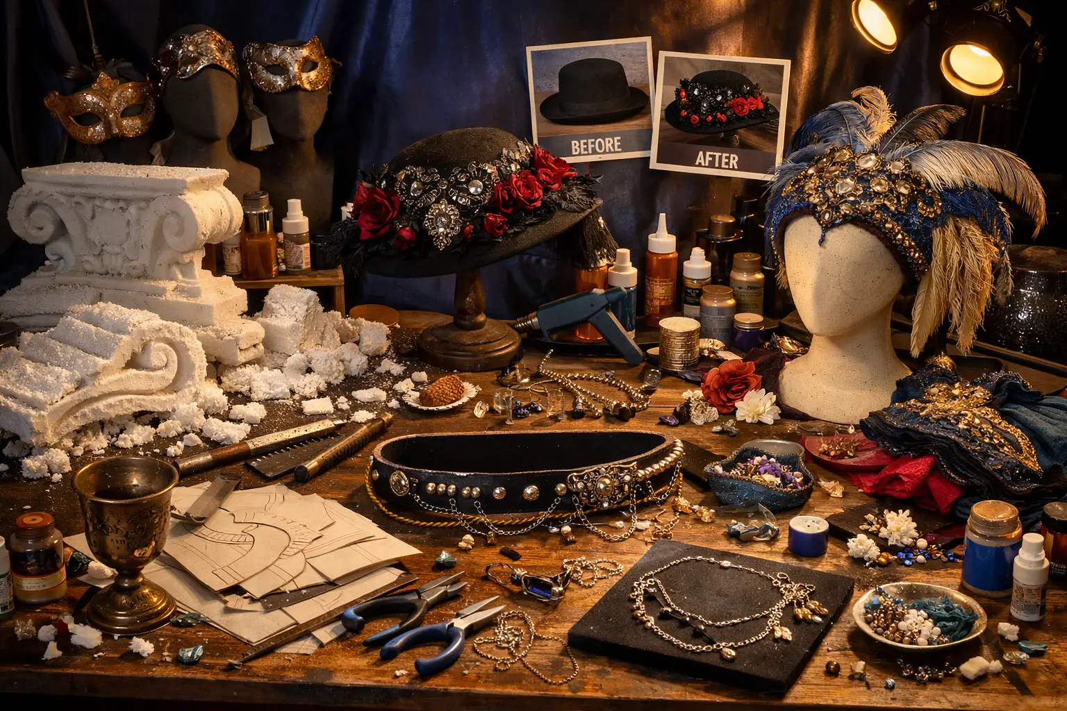 Landscape format (1536x1024) image displaying budget-friendly prop and accessory crafting station for theater productions. Work surface show