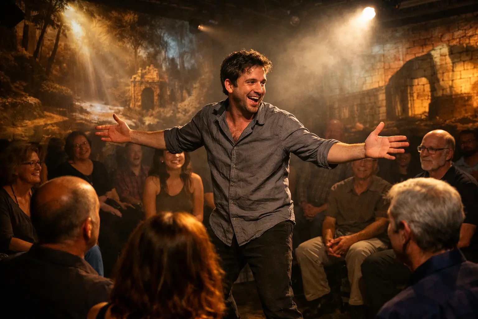 Landscape format (1536x1024) professional theatrical image demonstrating 360-degree spatial awareness with actor in center of circular audie