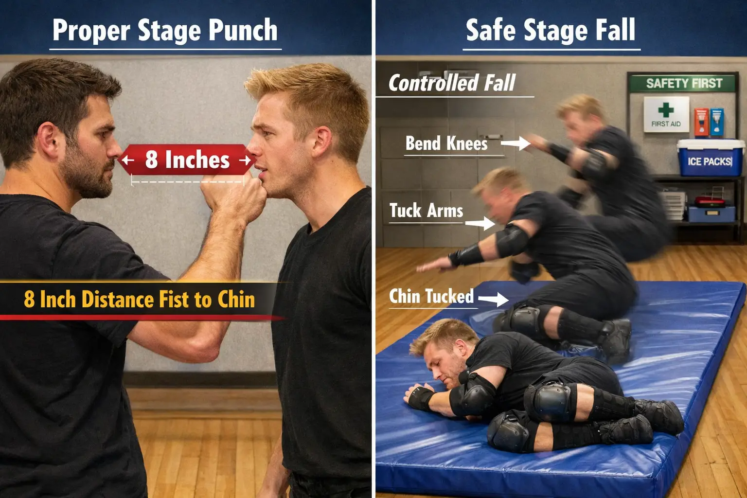 Landscape format (1536x1024) instructional composite image showing proper stage combat techniques: split-screen layout with left side demons