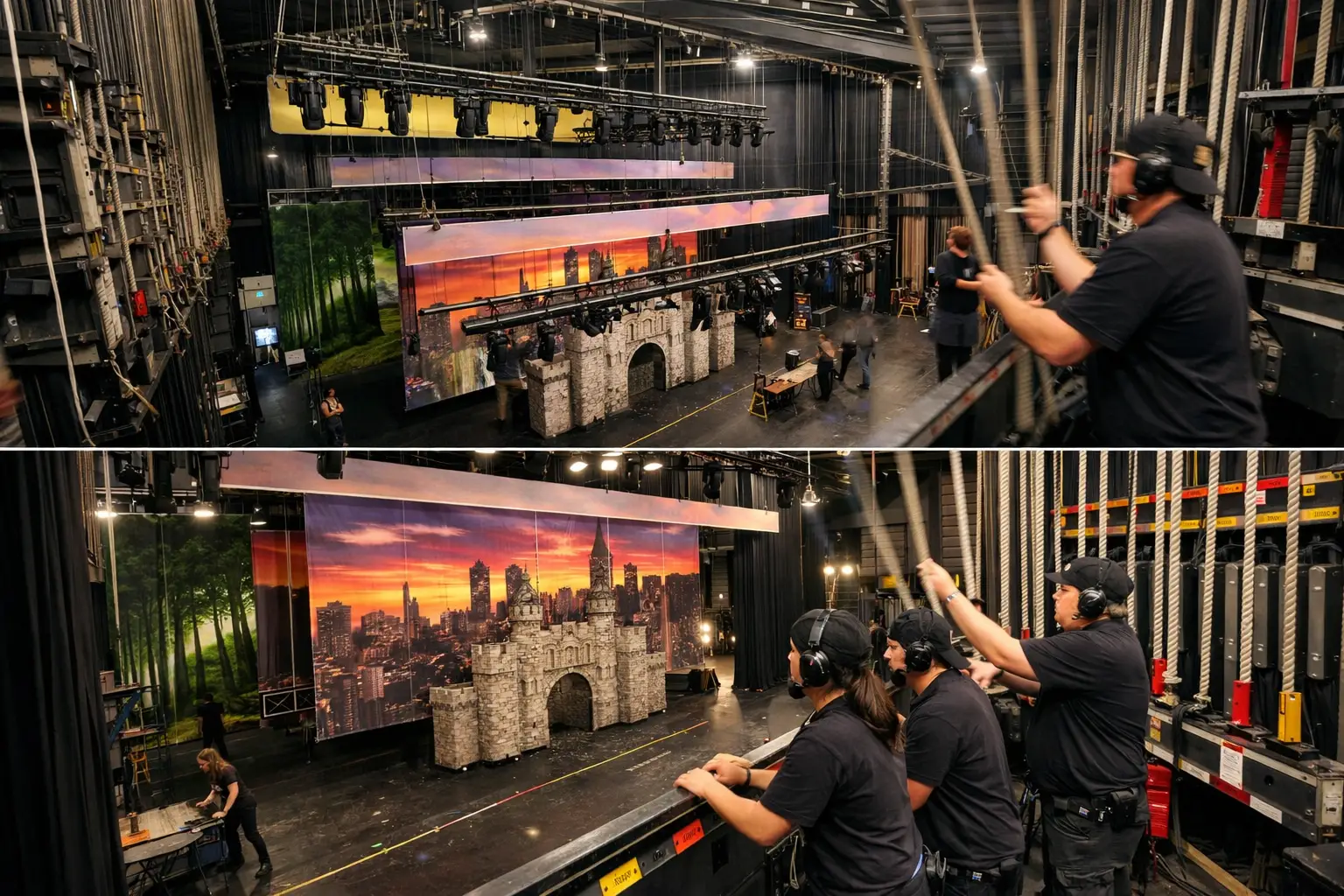Detailed landscape format (1536x1024) image depicting modern theater fly system in action during scene change, showing multiple battens at d
