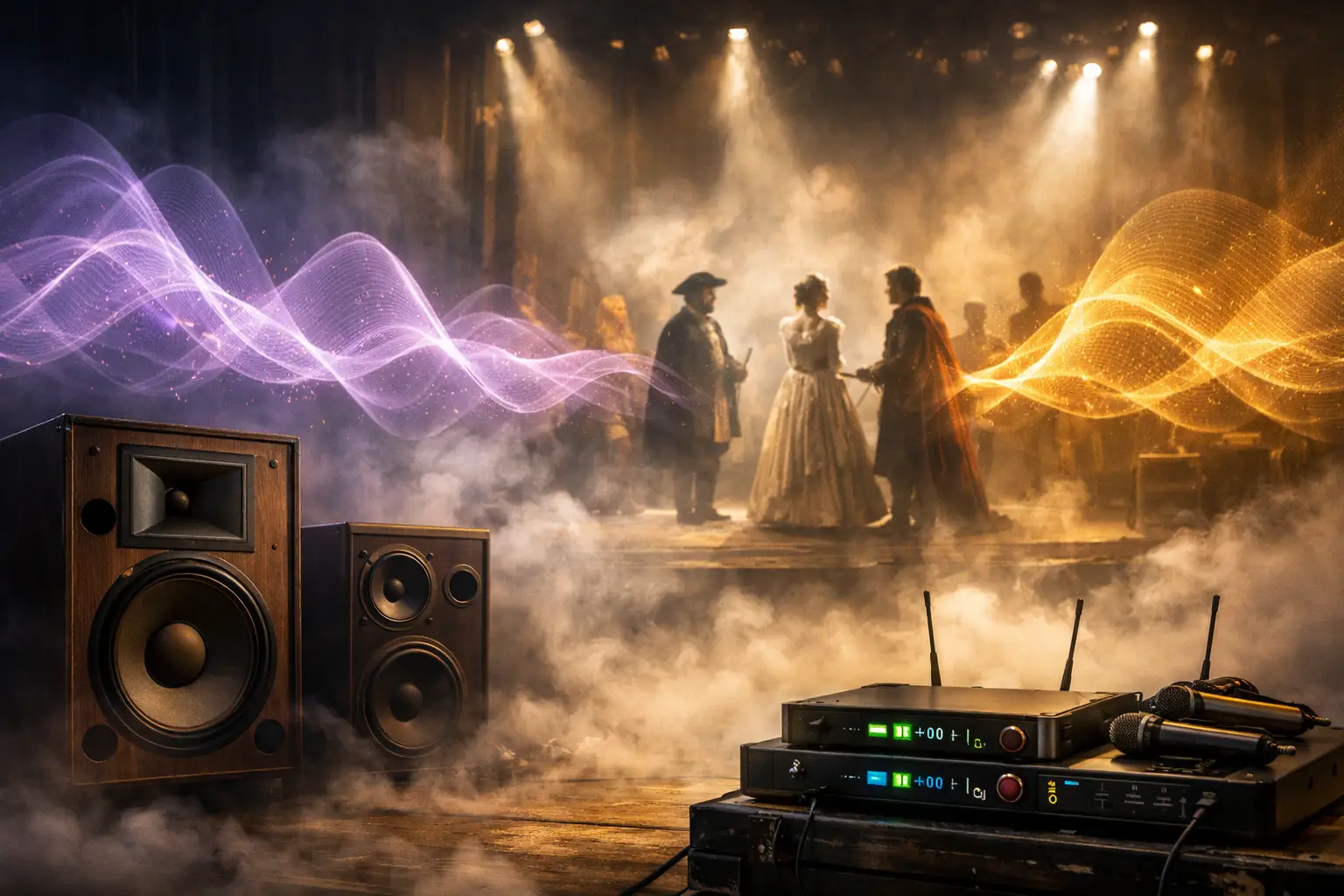 Atmospheric landscape format (1536x1024) image depicting layered sound design concept with visual representation of audio elements: foregrou