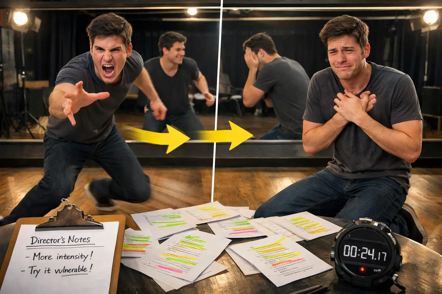 Landscape format (1536x1024) dynamic image of young theater actor in rehearsal space demonstrating quick adjustment techniques, multiple scr