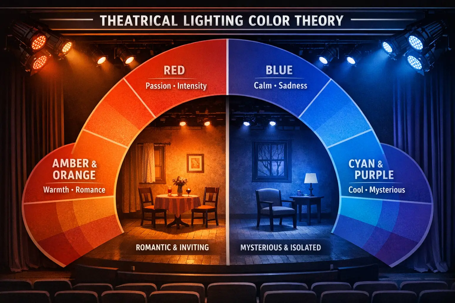 Detailed landscape format (1536x1024) image displaying color theory wheel specifically for theatrical lighting with warm colors (reds, amber