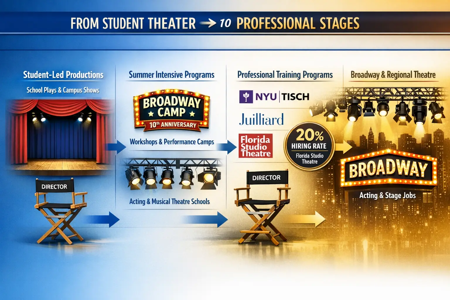 Landscape format (1536x1024) detailed infographic-style image showing the pathway from student theater to professional stages. Visual timeli