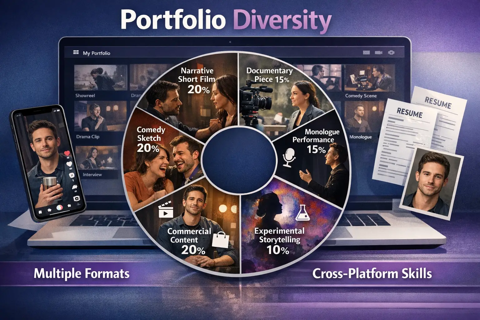 Landscape format (1536x1024) comprehensive visual breakdown of diverse portfolio project types for theater actors. Center displays circular