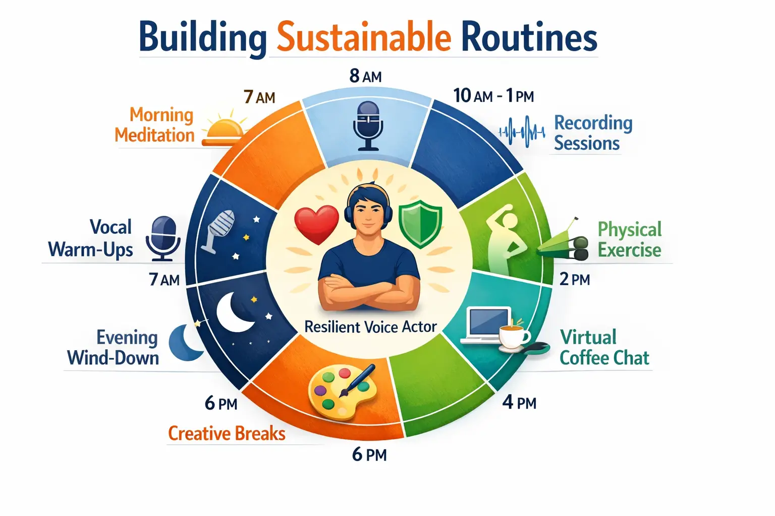 Landscape format (1536x1024) infographic-style image showing a circular daily routine wheel divided into segments representing different act
