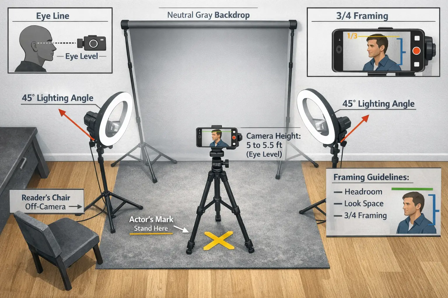 Landscape format (1536x1024) detailed illustration of professional self-tape technical setup in home environment. Bird's eye view showing co
