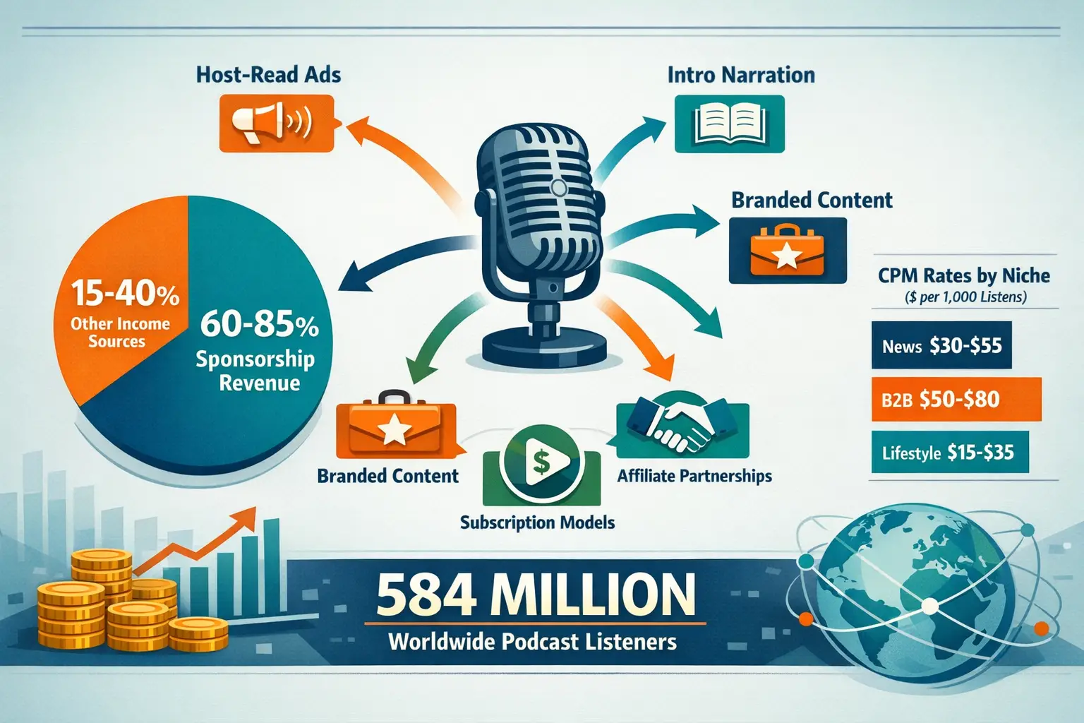 Comprehensive landscape format (1536x1024) infographic-style image illustrating the podcast sponsorship ecosystem and revenue streams for vo