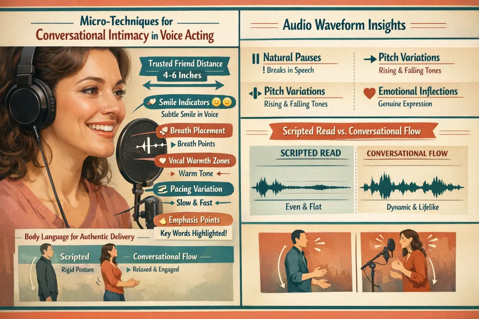 Landscape format (1536x1024) comprehensive visual breakdown of micro-techniques for conversational intimacy in voice acting. Split-screen co