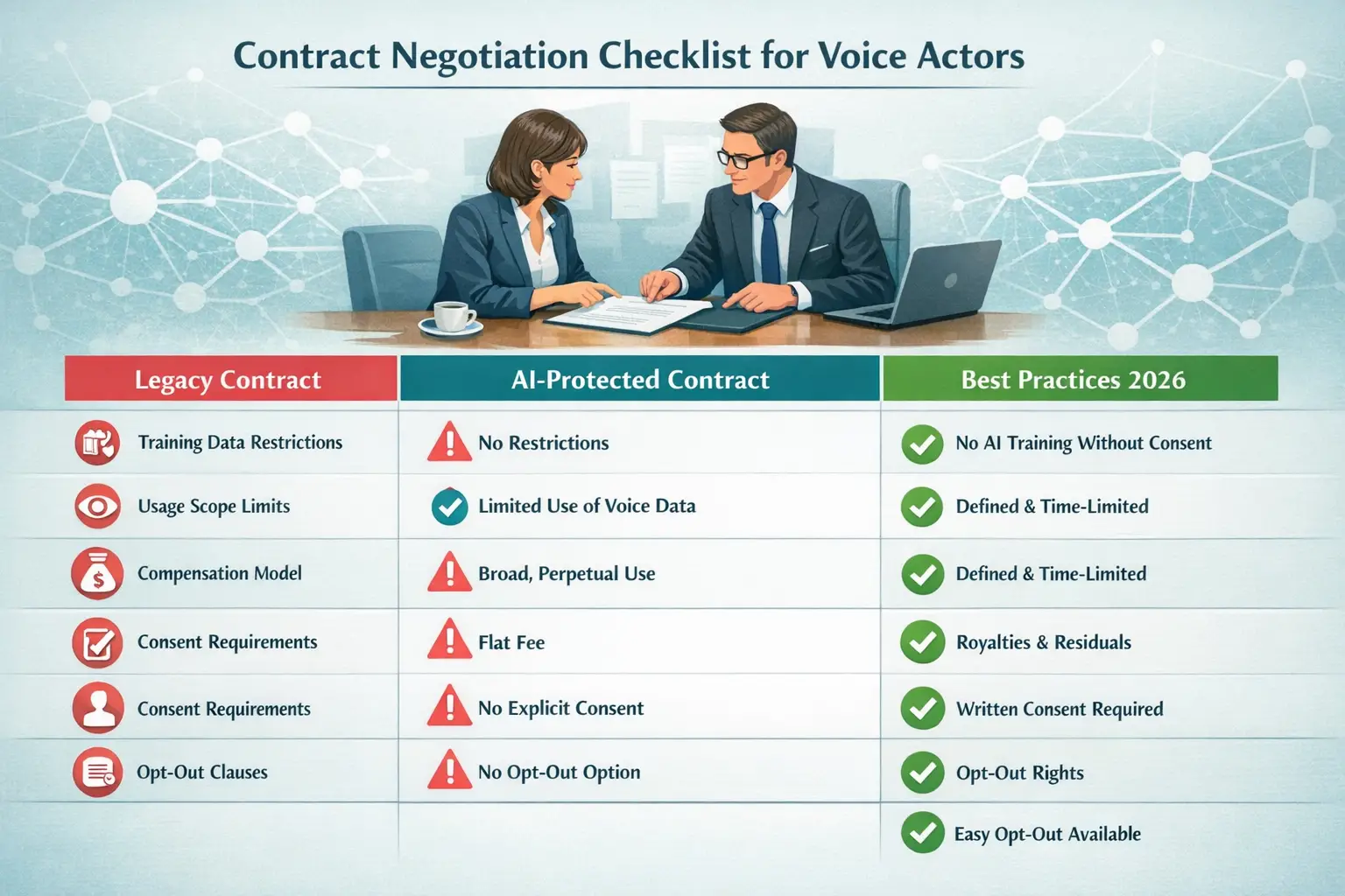 Landscape format (1536x1024) infographic-style image displaying contract negotiation checklist for voice actors. Visual shows three-column c