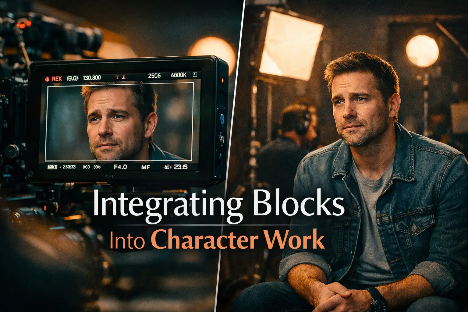 Landscape format (1536x1024) professional image depicting actor in intimate close-up during on-camera scene work, with film camera visible i