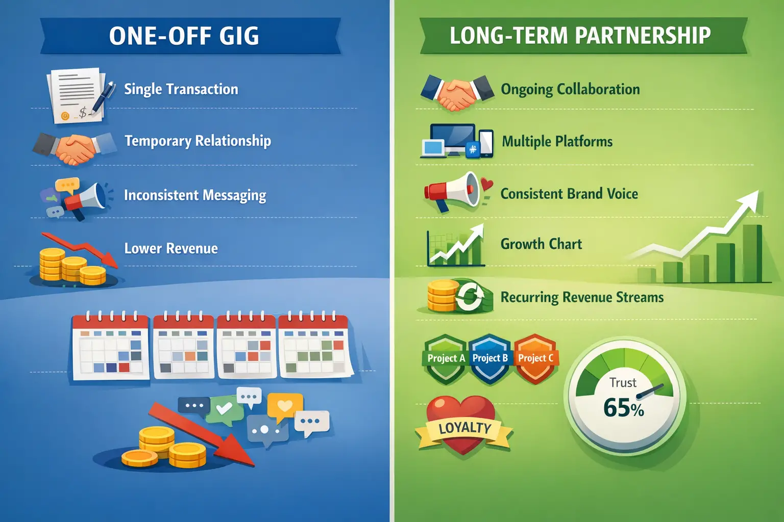 Landscape format (1536x1024) detailed comparison infographic showing'One-Off Gig vs Long-Term Partnership' split-screen design. Left side: