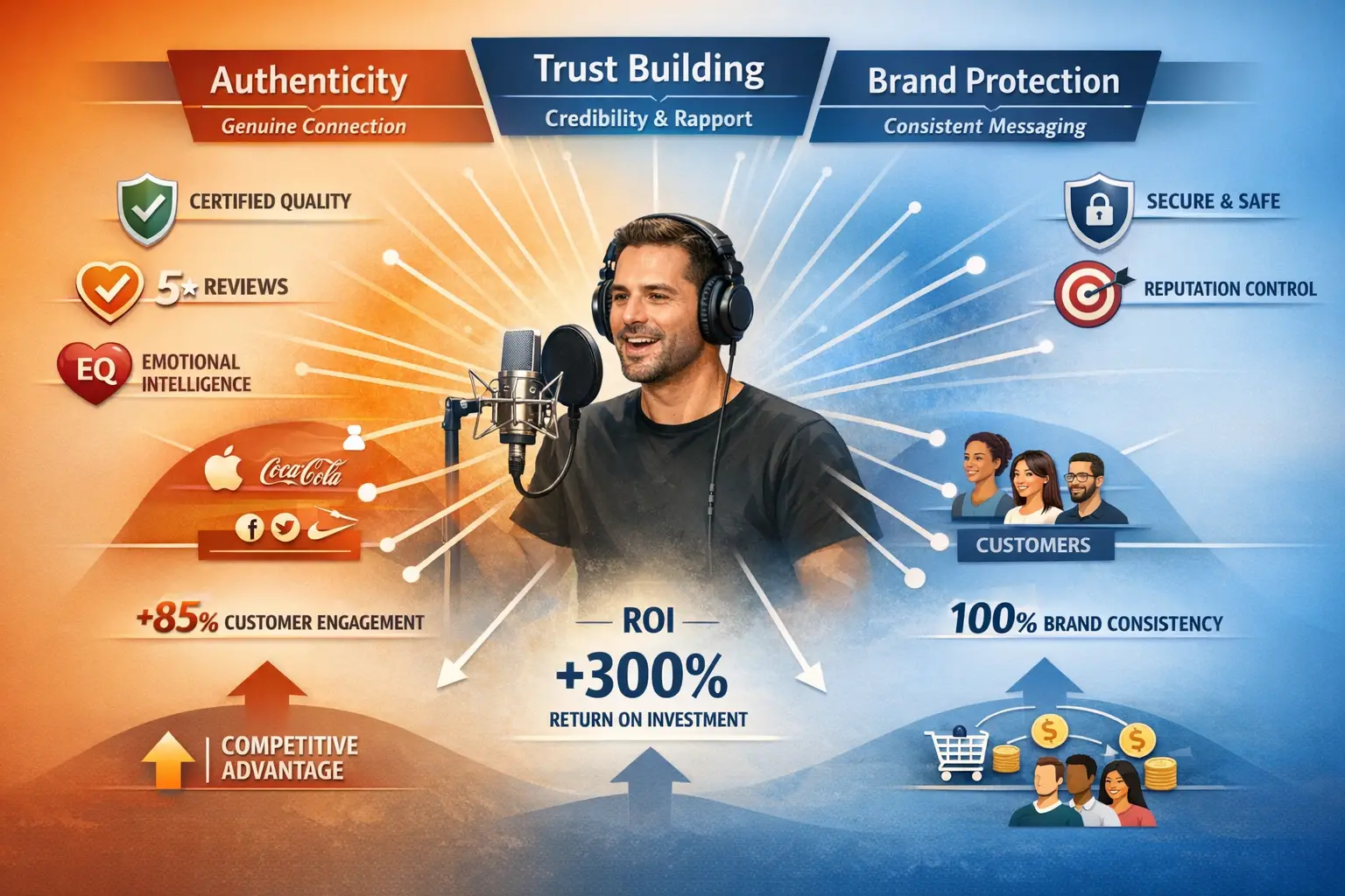 Landscape format (1536x1024) infographic-style image depicting voice actor positioning strategy framework with three interconnected pillars:
