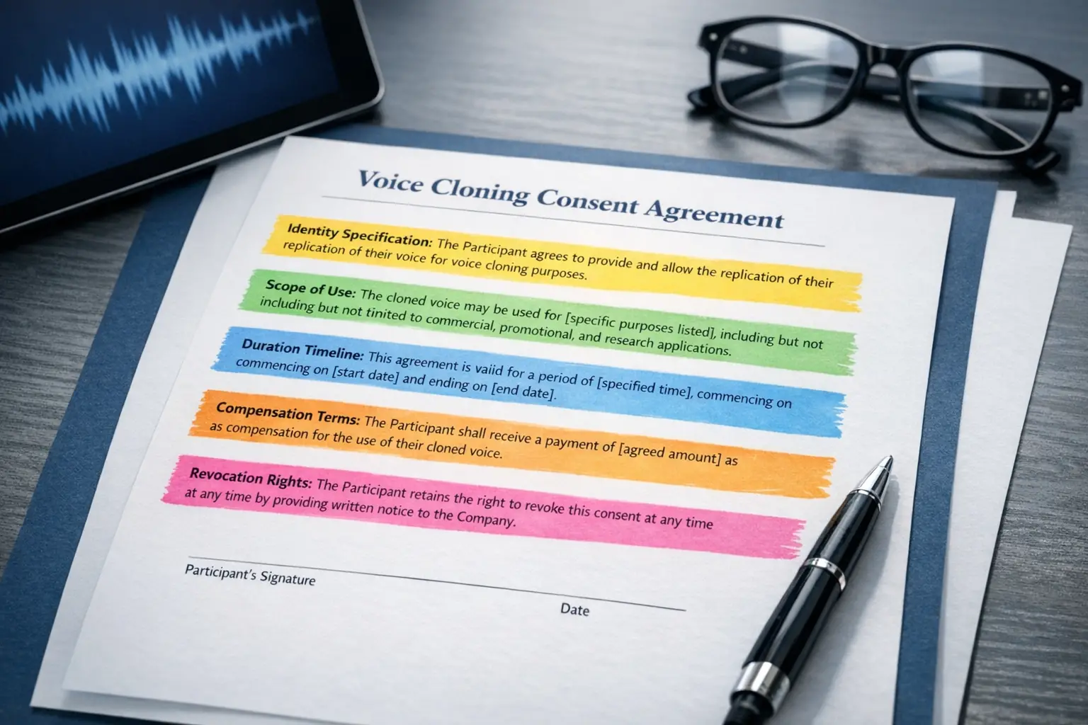 Detailed landscape format (1536x1024) close-up photograph of professional contract document titled'Voice Cloning Consent Agreement' with vi