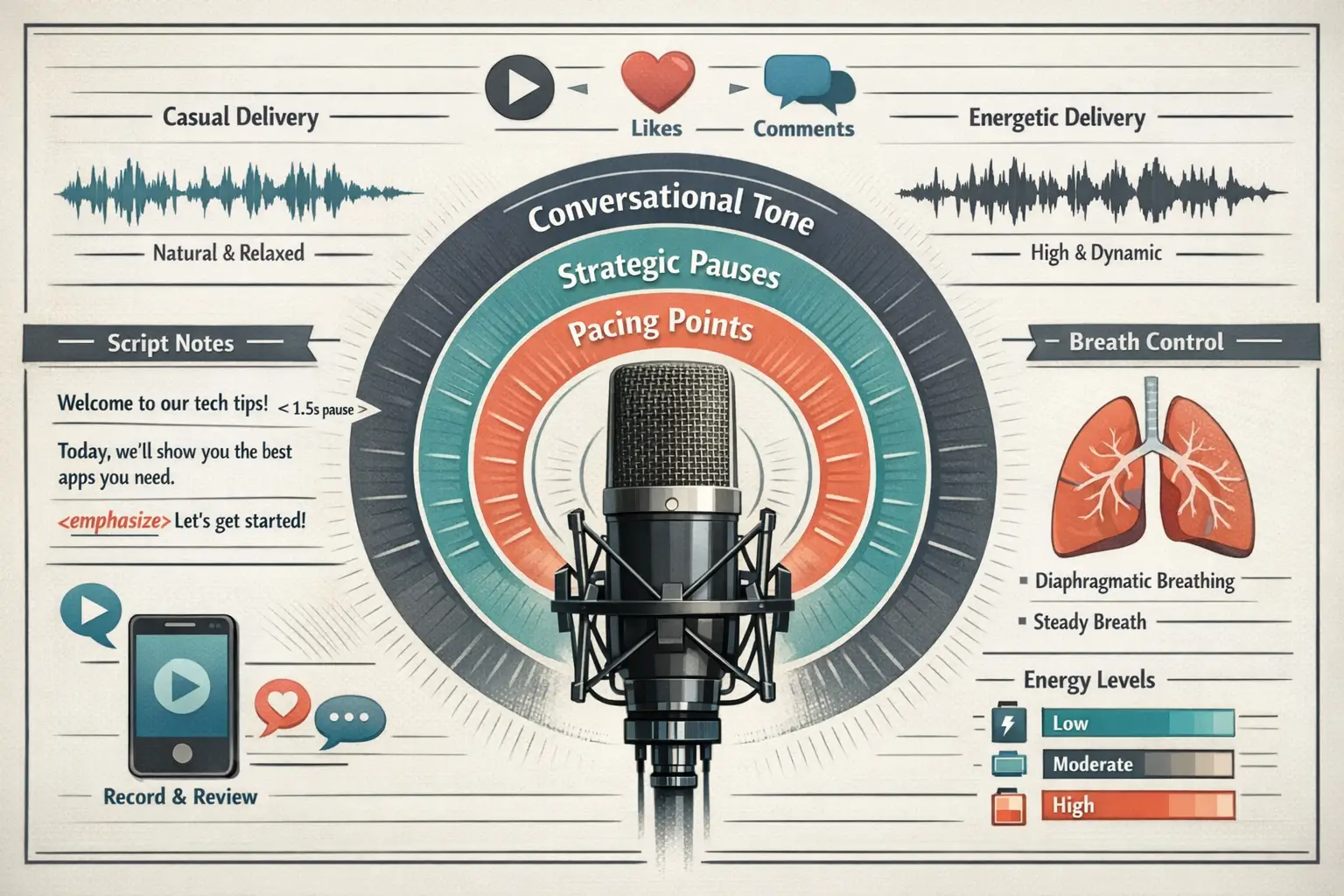 Landscape format (1536x1024) detailed infographic-style image showing vocal technique breakdown for explainer videos: center features profes