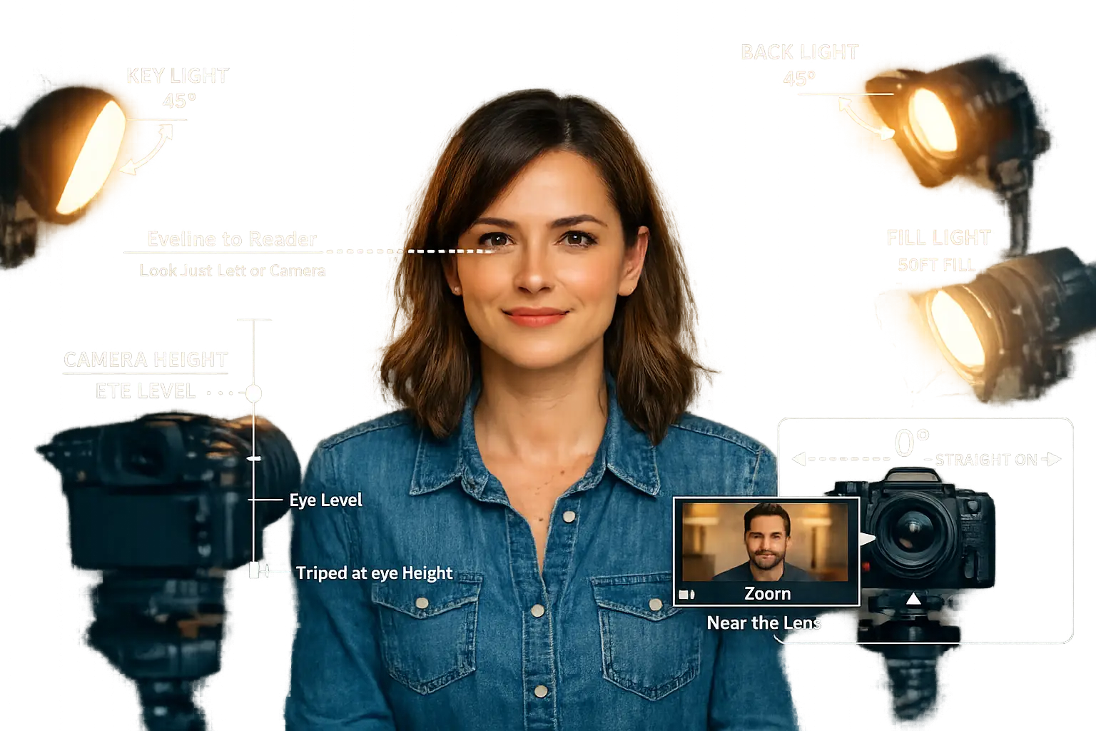Detailed landscape format (1536x1024) image illustrating eye line technique and camera positioning for self-tapes. Central focus shows actor