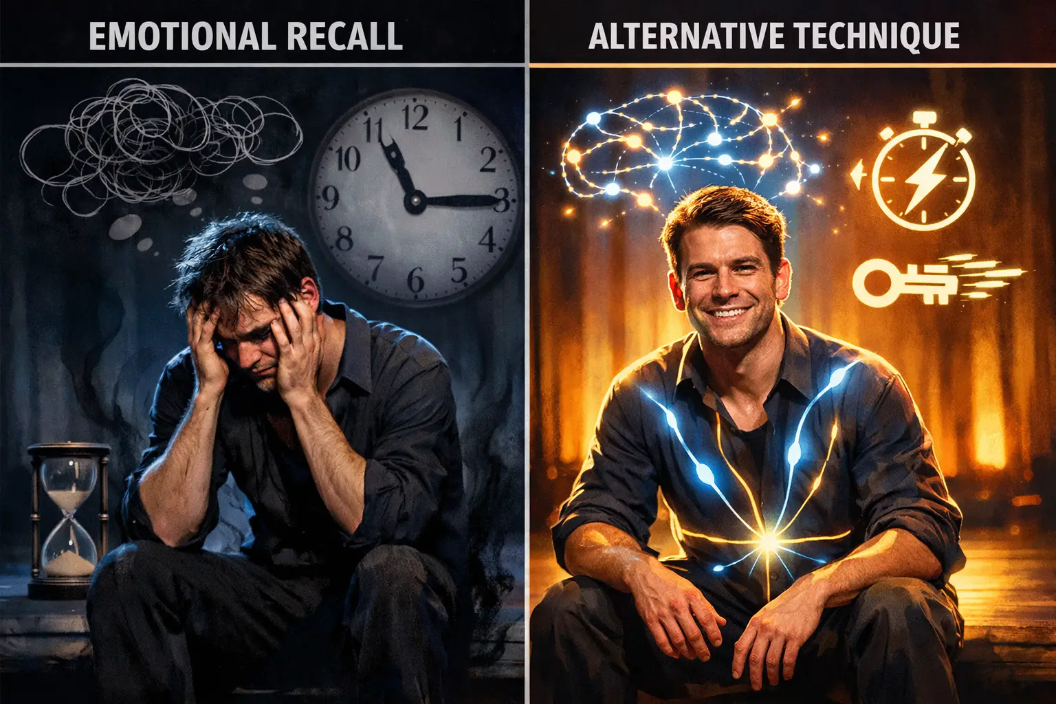 Landscape format (1536x1024) comparative visual showing two actors side-by-side in identical dramatic scenes: left panel shows traditional e