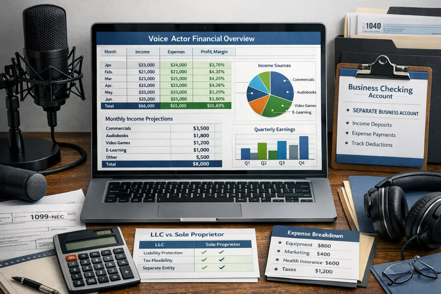 Detailed landscape format (1536x1024) financial planning visualization for voice actors. Central focus on detailed spreadsheet or dashboard