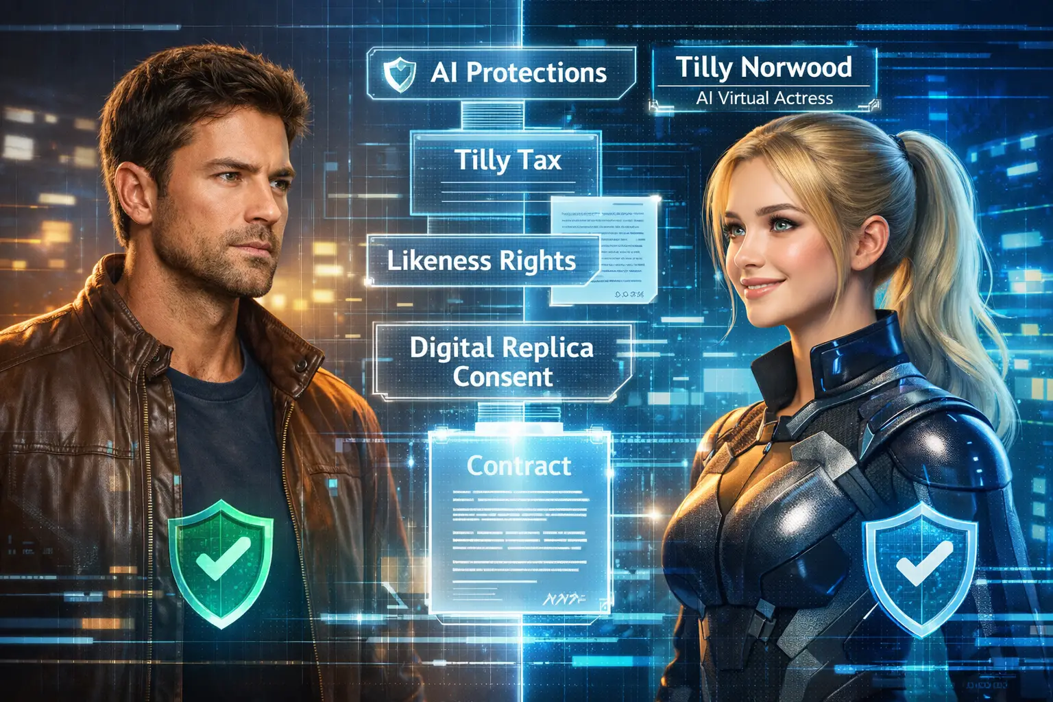 Landscape format (1536x1024) conceptual illustration depicting AI technology impact on acting contracts, split-screen composition showing hu
