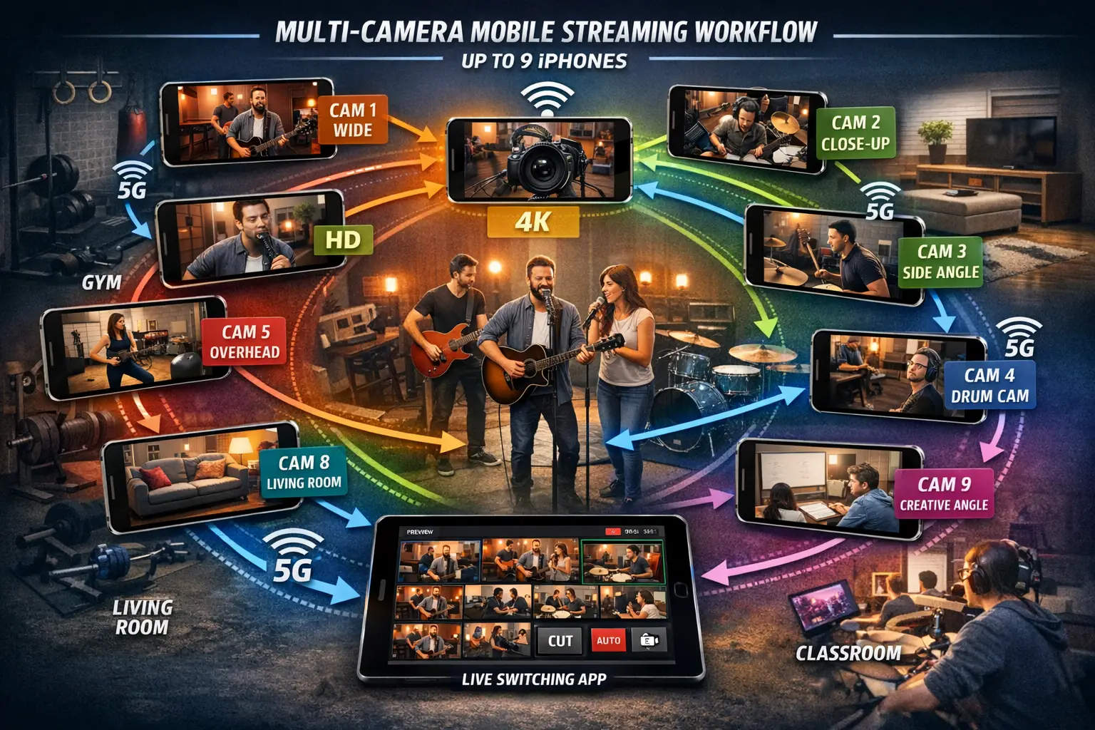 Landscape format (1536x1024) infographic-style image displaying multi-camera mobile streaming workflow with up to 9 iPhones arranged in dyna