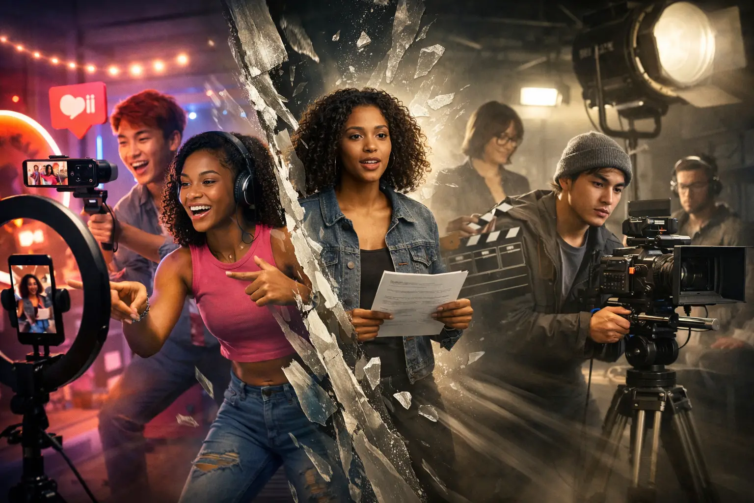 The New Reality section visual: Dynamic photographic composition featuring young multicultural creators dramatically transitioning from smar