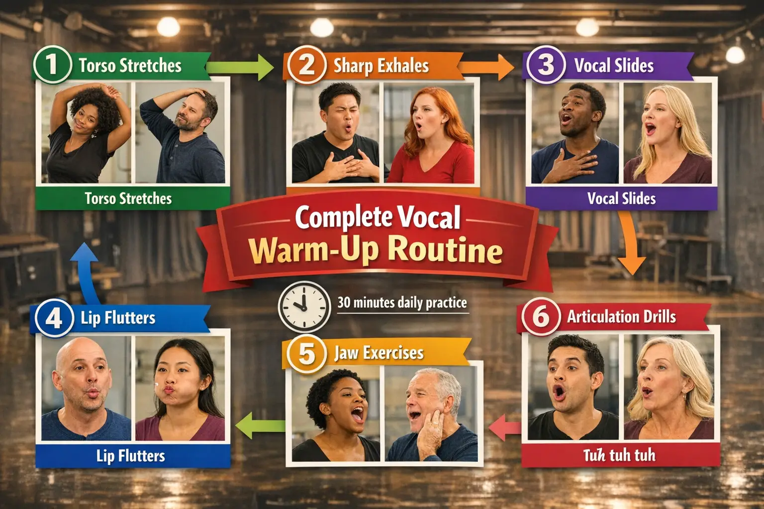 Landscape format (1536x1024) comprehensive warm-up routine infographic showing sequence of six exercises: torso stretches, sharp exhales, vo