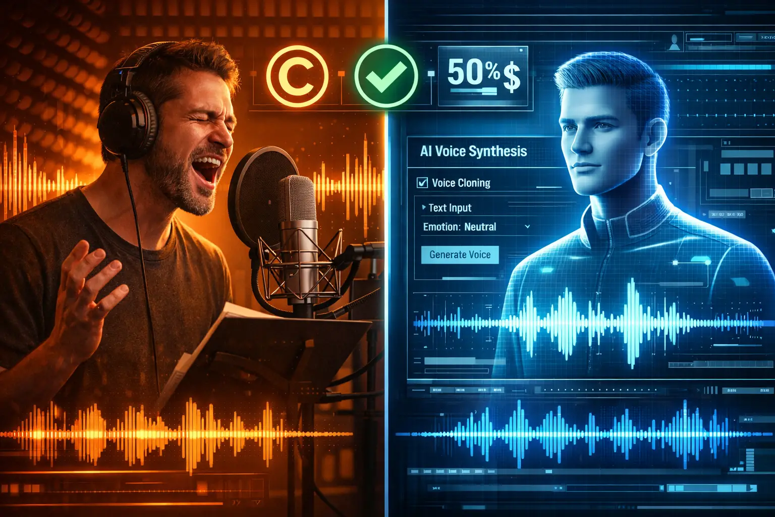 Landscape format (1536x1024) futuristic split-screen visualization comparing human voice actor performance with AI voice synthesis. Left sid