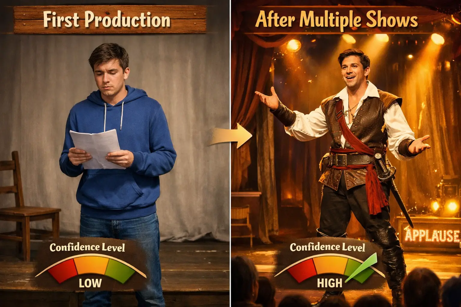 Landscape format (1536x1024) split-screen comparison image showing actor skill development progression: left side labeled'First Production'