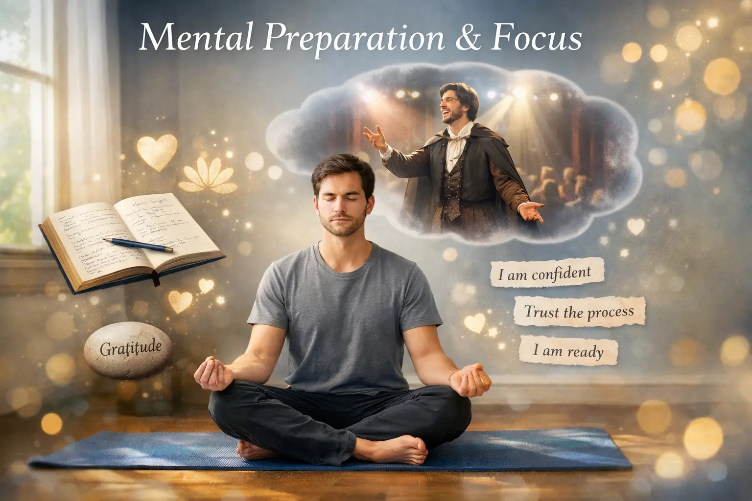 Landscape format (1536x1024) serene editorial image depicting mental focus and concentration techniques for actors. Actor seated in meditati